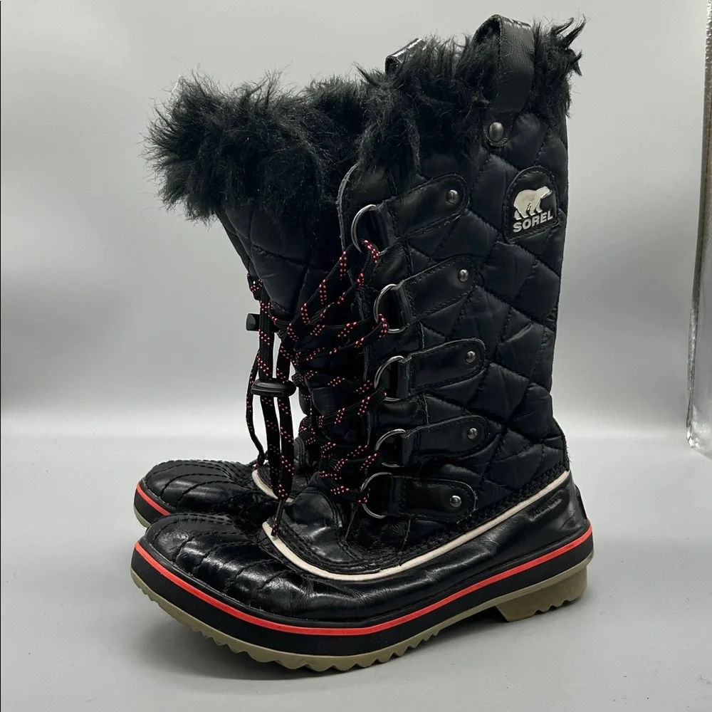 SOREL Tofino Sz 7 Black Fur Lined Womens Winter Snow Ski Boots EUC Waterproof